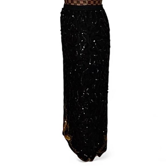 Vintage 80s Black Sequin Gold Leaf Beaded Midi Skirt Glam Cocktail Evening Small - Picture 5 of 11